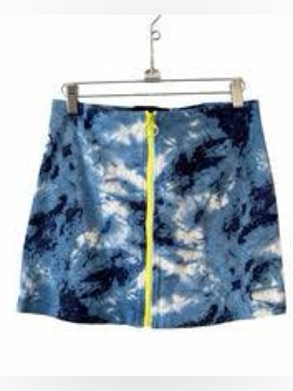 know.one.cares blue tie dye mini skirt with yellow zipper
